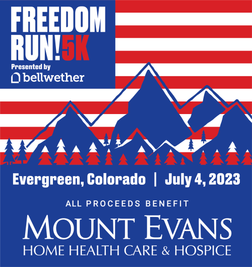 Red white and blue graphic with mountains and information about a 5K run in Eveegree, Colorado.